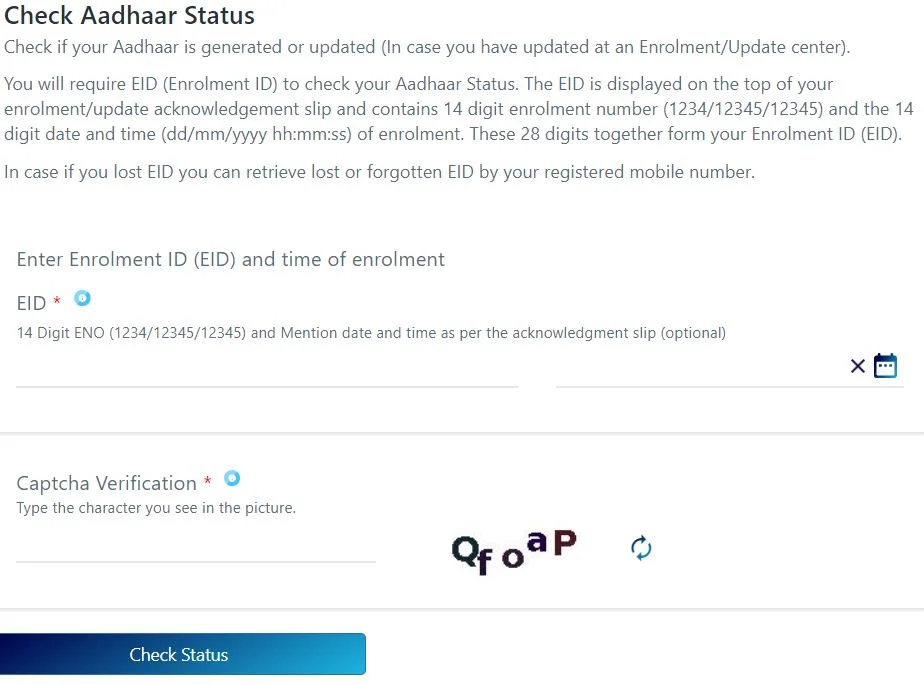 Aadhar Card Status Check Online with Enrolment ID (EID), SRN, or URN Number 2 Check Aadhar Status Online with EID